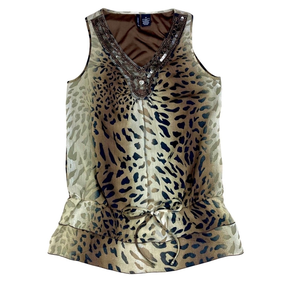 New Directions Embellished Leopard Print Chiffon Blouse Womens M Brown Evening